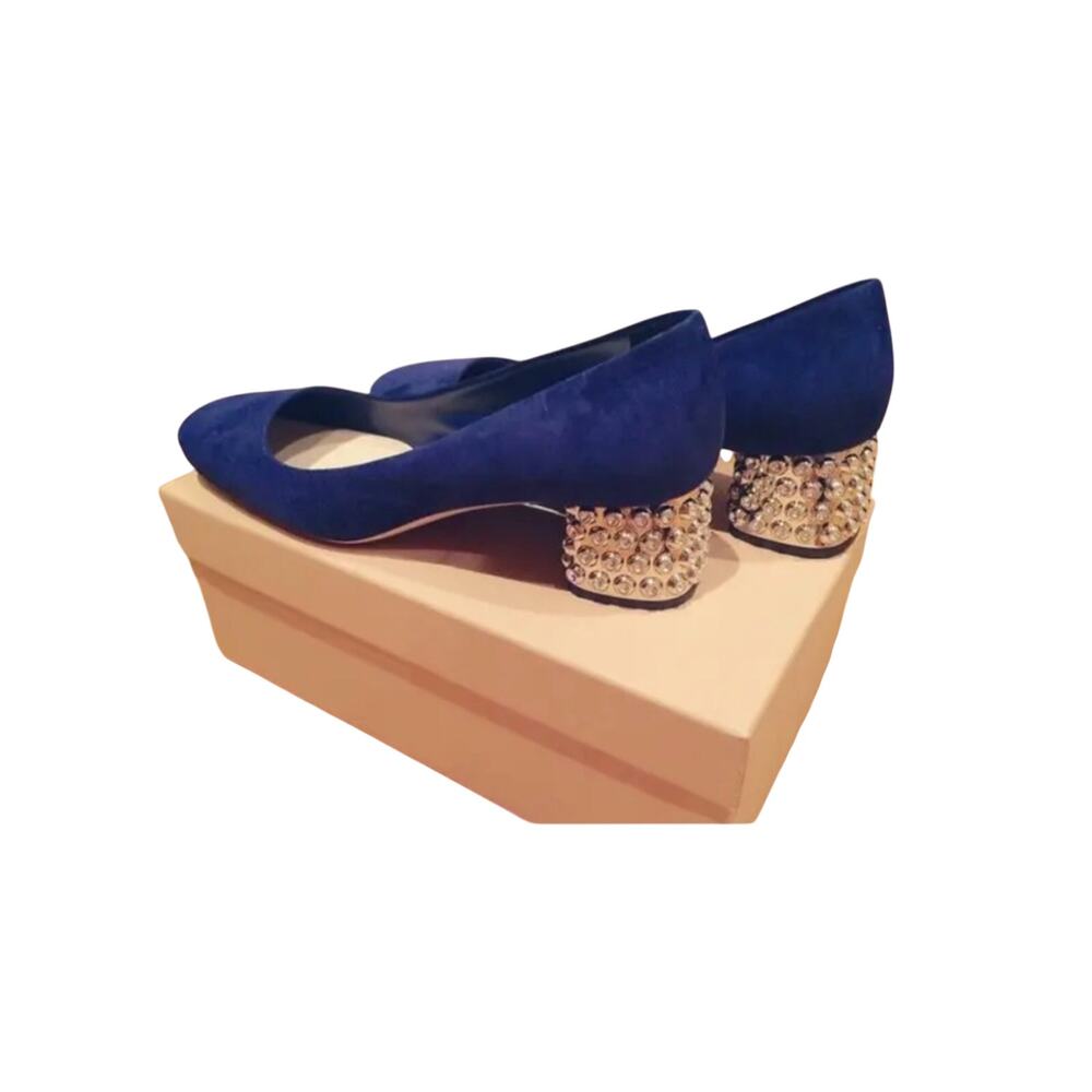 Vintage Miu Miu Blue Suede Crystal Jewel Heel Pumps | Archival Prada Y2K
